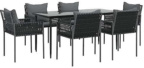 Tidyard 7-TLG.Garten Essgruppe mit Kissen Möbelsets Gartenmöbel Garten Sitzgruppe Gartengarnitur Garten Essgruppe Outdoor Terasse 1 x Tisch 6 x Stuhl 6 x Sitzkissen 6 x Rückenkissen PE-Rattan Stahl