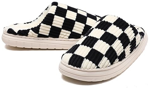 Waysoland House Slippers Women Men,Fuzzy Ladies Memory Foam Checkered Slippers Slip on Anti-Skid Sole Bedroom Cloud Sippers Fluffy Slippers Indoor Outdoor with Fur Lining(Black,3/4 UK)