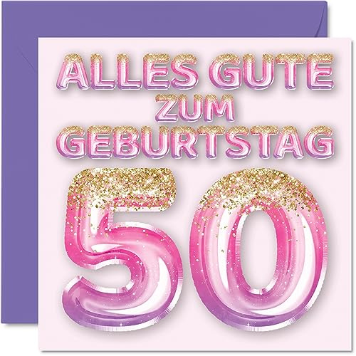 Stuff4 50. Geburtstagskarte für Frauen - Rosa Lila Glitzerballons - Alles Gute zum Geburtstagskarten für 50 Jährige Frau Mama Oma Tante, 145mm Fünfzig Fünfzigste Geburtstag Grußkarten
