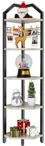 YMYNY Eckregal stehend, Bücherregal mit 5 Ablagen, Drahtgeflecht, 28x28x180cm, Leiterregal, Pflanzenregal für Wohnzimmer, Schlafzimmer, Küche, Balkon, Industrial-Design, Grau HBR006Y