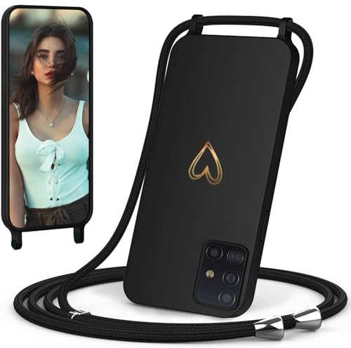 CaseLover Handyband für Samsung Galaxy A51 4G Hülle mit Band, Schwarz | Herz Muster, Silikon Necklace Handyhülle mit Abnehmbar Kordel zum Umhängen, Stossfest Bumper Handy Schutzhülle Case
