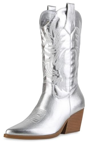 VAN HILL Damen Cowboystiefel Trichterabsatz Denim Trendy Schuhe 214025 Silber 37