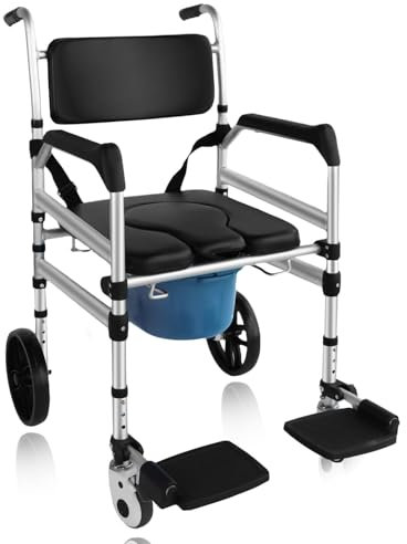 Eosprim Silla de Ruedas Baño Para Discapacitados, Regulable en Altura con Inodoro Orinal Adultos, Baño Silla de Ruedas Plegable Estrecha Ligeras Multifuncional Para Personas Mayores, WC Portatil