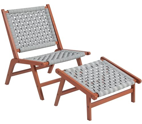 Outsunny Sillón de jardín con reposapiés, Sillas Terraza – Silla Relax de madera de acacia y cuerda de resina trenzada – Natural, gris
