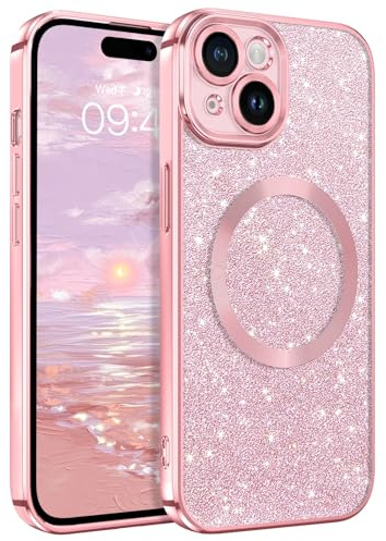 BENTOBEN Custodia magnetica per iPhone 15 6,1 pollici [compatibile con Magsafe] ricarica wireless custodia iPhone 15 custodia cover ultra sottile glitter silicone resistente antigraffio -rosa