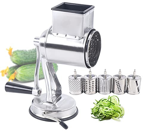 Rallador manual de queso rotativo de acero inoxidable con 5 tambores para verduras, frutas, queso, frutos secos, etc