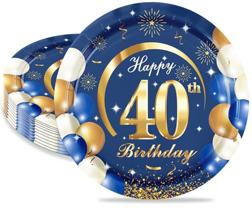 MORAINJAY 16 Pièces Assiette pour Fête Anniversaire 40 ans,7 Pouces/18cm Bleu Or Papier Assiette Dessert Plateau Vaisselle pour Décoration Anniversaire 40 ans Homme Femme