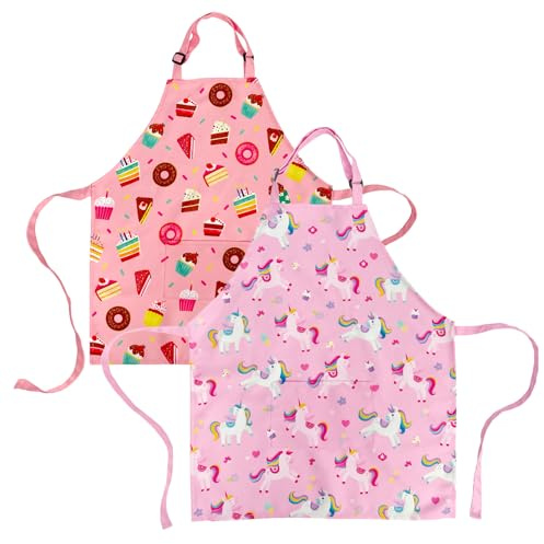 DECOWALL Kinder Schürze – 1 oder Set aus 2 Kochschürzen für Kinder zum Kochen, Backen, Malen & Basteln mit Tasche & verstellbarem Riemen – Einhorn, Cupcake, Dinosaurier, Weltraum Designs