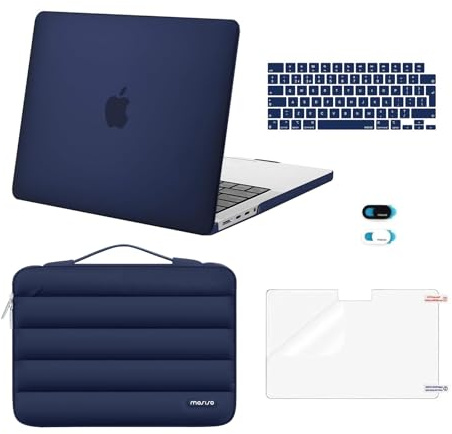 MOSISO Funda Compatible con MacBook Pro 14 Pulgadas 2025-2021 M5 M4 M3 M2 M1 A3434 A3112 A3185 A3401 A2918 A2992 A2779 A2442, Carcasa&Bolsa Puffy&Tapa Teclado&Webcam&Protector Pantalla,Azul Marino