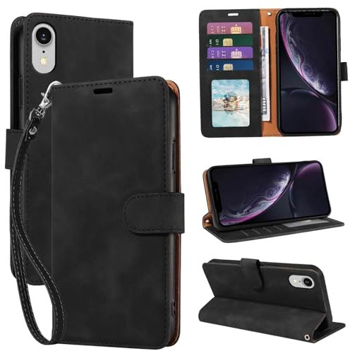 GOTOURED for iPhone XR Phone Cases Wallet, RFID Blocking 4 Card Slots, Wrist Strap, Kickstand, Magnetic, Shockproof Protective Soft Leather Flip Case for iPhone XR Cover 6.1 inch (Black)