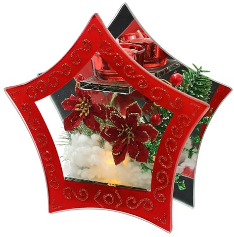 Teelichthalter aus Glas mit LED Licht und Teelichtkerze mit Christstern Beeren Tannenzweige Kunstschnee Weihnachtsdeko Dekoobjekt Tannenbaum Kerzenhalter Lampe Dekoration Geschenk Ornamente 3D Bild