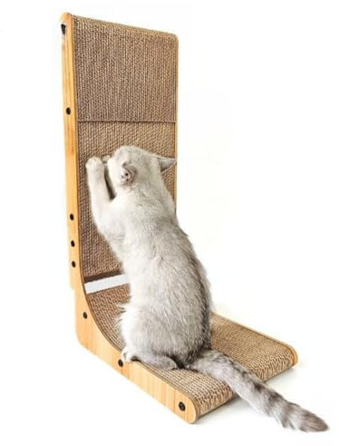 YEALEO Kratzbrett Katzen 68cm Hoch L förmig Kratzpappe mit Katzenspielzeug Kugelbahn Eingebauter Ball Kratzmöbel aus hochwertiger Karton für Wand und Ecke, Mittlere Größe