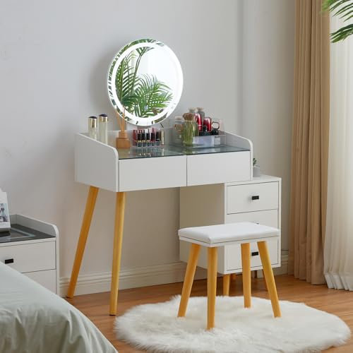 ZBAOLTO Schminktisch mit Beleuchtung und Hocker,Transparentes Desktop-Design Kosmetiktisch Schminktische mit rund Spiegel 5 schubladen, Kosmetiktisch für Schlafzimmer Modern Weiß 76x40x138 cm