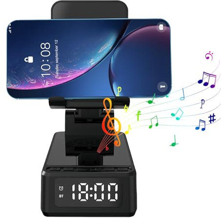 Chargeur Induction, 3 En 1 Wireless Charger, Support de Chargeur Induction Rapide, Support de Téléphone Portable avec Haut Parleur Bluetooth Sans Fil, Dée Cadeau D'anniversaire pour Homme et Femme