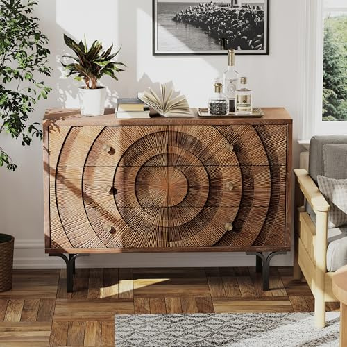 Aoikax Farmhouse 6-Drawer Dresser, Accent Wooden Chest of Drawers with Circle Pattern and Radioactive Wood Lines,Accent Storage Dresser for Living Room, Bedroom, Brown