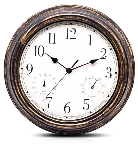 WIYETY 30 cm tyst väggklocka utomhus med termometer och hygrometer – trädgårdsklocka inomhus, retro design, vattentät för kök, badrum, veranda (brun, plast)