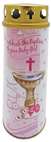 17cm Pillar Candle for Baptism of Baby with Windproof Cap and Prayer (Baby Girl 3907)
