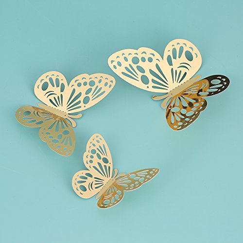 Lot de 12 autocollants muraux 3D en forme de papillon creux amovible avec colle pour chambre à coucher, fête de mariage - Doré
