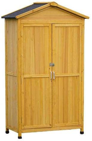Potting Bench, Outside Vertical Tall Tool Shed, Wooden Garden Shed With Double Lockable Doors & Lean-To Roof, Outdoor Tool Storage Cabinet For Home, Yard (One Color Yellow)