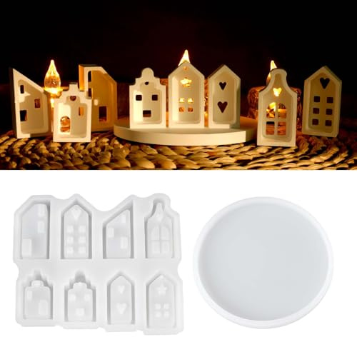 EPODA 8er Silikonform Haus mit Sockel, Gießformen 3D Kerzenhalter Weihnachten Gips Gießen Giessformen Silikon DIY Zement Beton