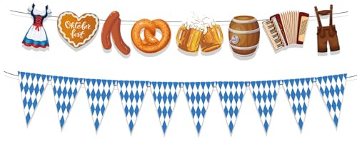 ALEGRE® Oktoberfest Deko Girlande Banner, 2 Stück Bayrische Deko Girlande Wimpelkette, Edelweiss Bier Dirndl Brezel Lederhose Bayern Deko Oktoberfest Party Girlanden für Bayerische Deko Thema Party