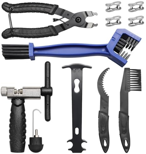 Kit Réparation Chaîne Vélo 6-12 Vitesses – Ensemble Complet avec Dérive-Chaîne Pince à Maillon Jauge de Chaîne 4 Paires de Rivets et 3 Brosses de Nettoyage