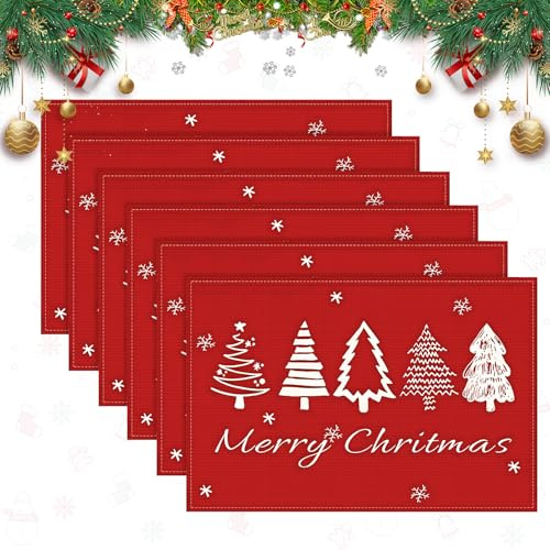 Ruryxel 6 Pcs Platzset Weihnachten, 43 x 30 cm Weihnachten Tischsets, Leinen Platzdeckchen, Tischset Weihnachtens Abwaschbar Rot, Weihnachtstisch-Platzsets für Winter, Tischdeko