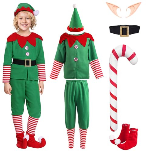 LYPPUL Weihnachtself Kostüm Set, Weihnachtself Kostüm Kinder Jungen, Weihnachtswichtel kostüm Kinder mit Elfenhut Elfenohren Schuhe Weihnachtliche Krücken für Karneval Weihnachten Party Cosplay(150cm)