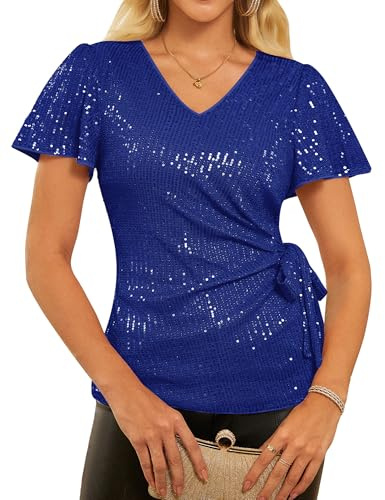 GRACE KARIN Haut péplum à paillettes scintillantes pour femme - Col en V - Manches courtes fendues