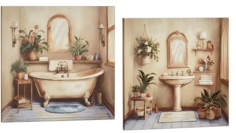 Serene Retreat Bathroom Wall Art Set of Two | Handpainted Accents in Classic Earth Tones | Vintage Clawfoot Tub & Pedestal Sink with Potted Greenery Plants and Flowers | 2-pc Bath Canvas Artwork Set