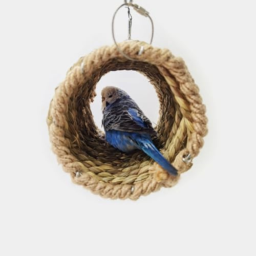 Túnel de Paja para pájaros Tejido a Mano, Hamaca Nido de Paja Natural para Loros, Juguete masticable Colgante y Refugio para Loros pequeños, cacatúas, periquitos y agapornis.(Brown)