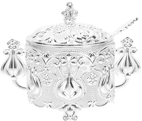 DIYEAH Vintage Zinc Alloy Sugar Jar with Lid and Spoon European Style Decorative Kitchen Sugar Bowl for Home Restaurant Coffee Shop Elegant Seasoning Canister and Dining Table Decoration