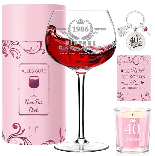 GLEEHAPY Juego de regalo personalizado de 40 cumpleaños vintage de 1986 para mujer, copa de vino premium, vela perfumada, llavero y tarjeta de felicitación, regalo de cumpleaños para amiga, esposa