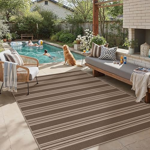 PureCozy Outdoor Teppich Wohnzimmer 160x230cm Outdoorteppich Wetterfest Balkon Braun Teppiche Jute Optik Waschbarer rutschfest Groß Carpet Terrassen Garten Esszimmer BüRo Indoor Rug