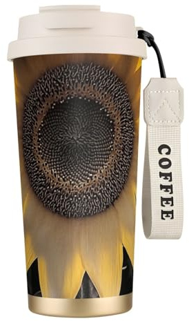 Tazza da caffè personalizzata unica – Bicchiere termico in acciaio inox per viaggi, casa e ufficio, 500 ml, girasole gigante bianco
