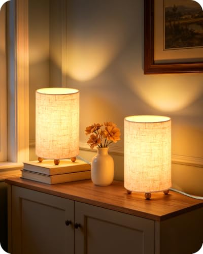 GOEBLESON Kleine Nachttischlampe 2er Set, Tischlampe mit Leinenschirm | Moderne Tischleuchte, inkl. 4W 2400K LED-Birne, Lampe für Schlafzimmer Wohnzimmer, Beige