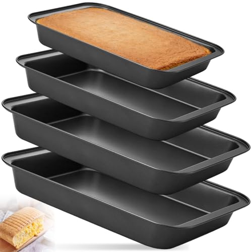 4 Piezas Bandeja Horno Antiadherente, Bandejas de 3 Tamaños de Acero al Carbono, Platos de Horno Apilable Sin PFOA, Molde Rectangular Negro para Hornear y Servir Pan, Galletas, Pasteles,Carne,Verduras