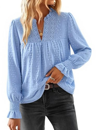 HEEKPEK Camicia Donna Elegante Blusa Manica Lunga Scollo a V Top Casual Boho Camicetta Pizzo Chiffon Maniche a Balze Maglietta Donna Maniche Lunghe Primavera Estiva Autunno (Azzurro, XXL)