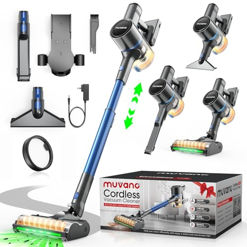 Muvano Aspiradora Sin Cable 45KPa Potente 500W hasta 60 Min de Autonomía, Aspiradora Escoba Recargable con Cepillo Antienredos, Luces LED y Soporte de Pared para Pelo de Mascotas