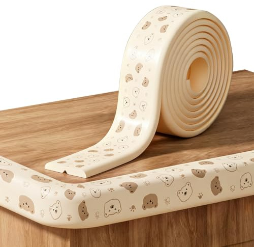 Protectores Espuma para Bebés, Estampado Osos, 2 m x 8 cm, Autoadhesivos, Perfil de Protección para Esquinas, Protectores para Bordes de Mesas, Muebles, Camas y Paredes, Beige
