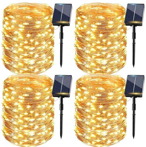 Solar Lichterkette Aussen 4 Stück, 15M 150 Warmweiß LEDs, Lichterkette Außen Solar 8 Modi IP65 Wasserdicht Kupferdraht, Hell Solarlichterkette Outdoor für Garten Zaun Baum Hof Terrasse Balkon Deko