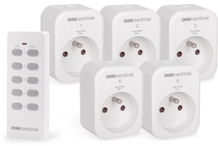 SCS Sentinel, HCN0079, Set di 5 prese telecomandate con 1 telecomando, ControlPower x5, portata 30 m, presa domotica da interno per elettrodomestici e lampade, 10 A, 2300 W, bianco