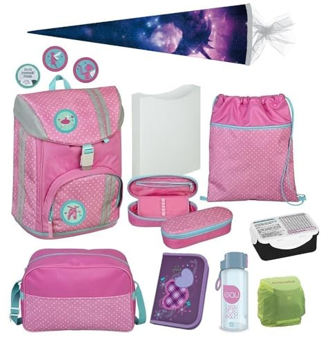 Familando - Scooli Flex MAX Schulranzen Set 10-teilig - Rosa Türkis mit Kletties - Ergonomisch, stabil & mit gepolstertem Rücken - 980g leicht & wächst mit - 18L Volumen - Für Grundschule Ab 1. Klasse