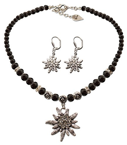 Alpenflüstern Trachtenschmuck-Set Perlen-Trachtenkette und Ohrhänger Strass-Edelweiß - Damen-Trachten-Schmuck, Trachtenset Dirndl-Kette und Trachten-Ohrringe in schwarz und Creme-weiß SET011