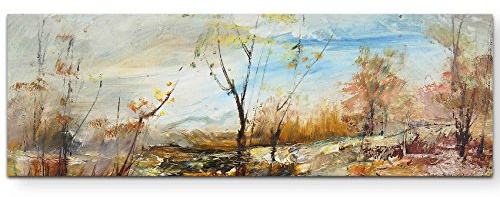 Paul Sinus Art Leinwandbilder | Bilder Leinwand 150x50cm Landschaft mit Bäumen und Wasser – Ölgemälde
