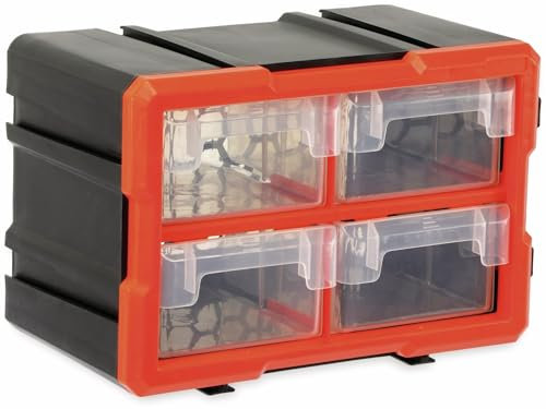 daytools Werkzeugbox TW2021, Kunststoff, 4-teilig, schwarz/orange | Robuste Werkzeugbox mit 4 großen Sicht-Schubladen TW-Serie erweiterbar | Für Wand- und Standmontage