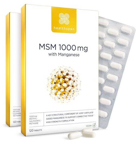 Healthspan MSM 1.000 mg mit Mangan | Natürliche Form von MSM | Schwefel | Gereinigtes Methylsulfonylmethan | Für Gelenkknorpel | Vegan | 120 Tabletten