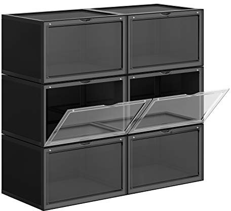 SONGMICS Schuhboxen, 6 Stück, stapelbar, mit Tür, aus Kunststoff, Größe bis 46, 36 x 28 x 22 cm, Schwarz LSP06CB