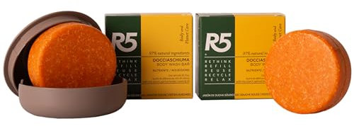 R5, Kit 2 x Docciaschiuma Solido Nutriente al Profumo di Fiori e 1 Portasapone in Plastica 100% Riciclata, Prodotti Ecostenibili Made in Italy, Idea Regalo