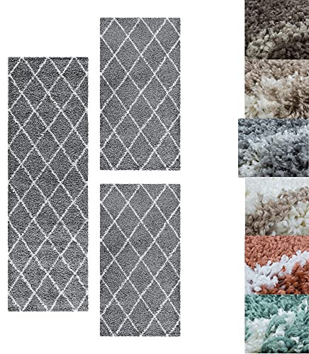SIMPEX Bettumrandung Schlafzimmer 3teilig Shaggy Hochflor Teppich Grau Bettset: 2 mal 60x110 + 1 mal 80x250 - Schlafzimmer Teppich 3 Teilig Läufer Extra Weich Flauschig Bettvorleger Läuferset Halı